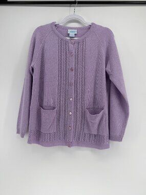 National Vintage Lavender Button Front Cardigan Sweater Pointelle Knit Pockets